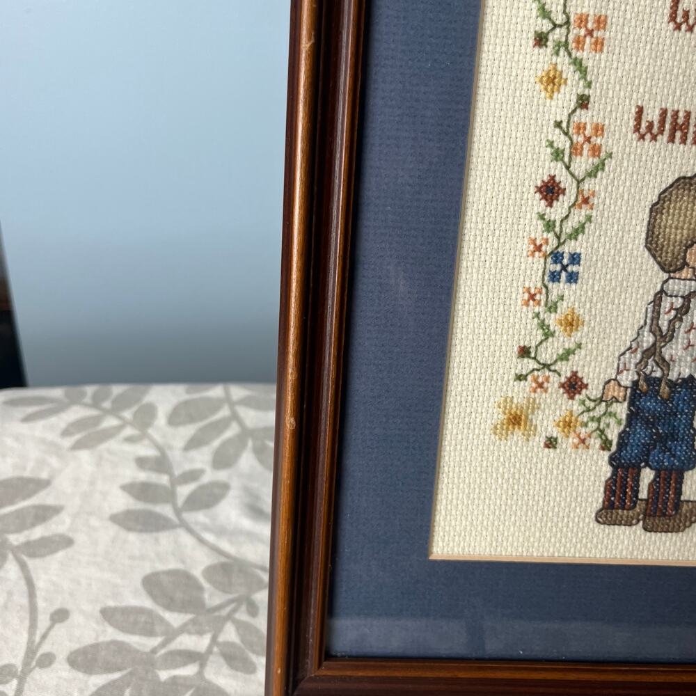 Framed Hand Cross Stitch Friendship Sampler Folk Art Cottage Decor Wall Hanging - Picture 3 of 9